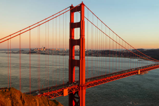 A view of the Golden Gate Bridge with the city of San Francisco skyline in the background and the bay.
