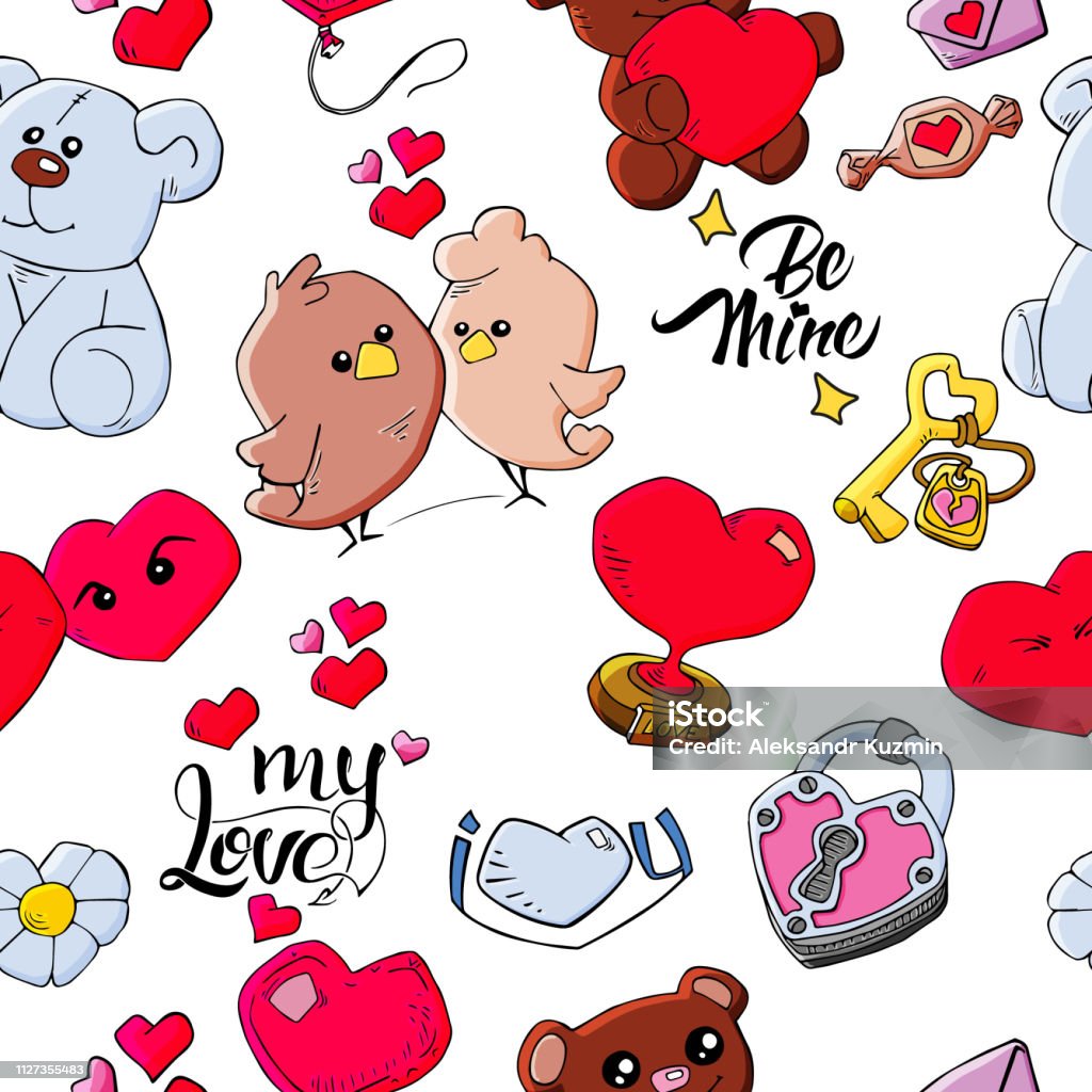 Seamless cute icon love vector pattern. Design print background image Love theme icons, teddy bears, hearts, locks and keys for your design of postcards and banners. Animal stock vector