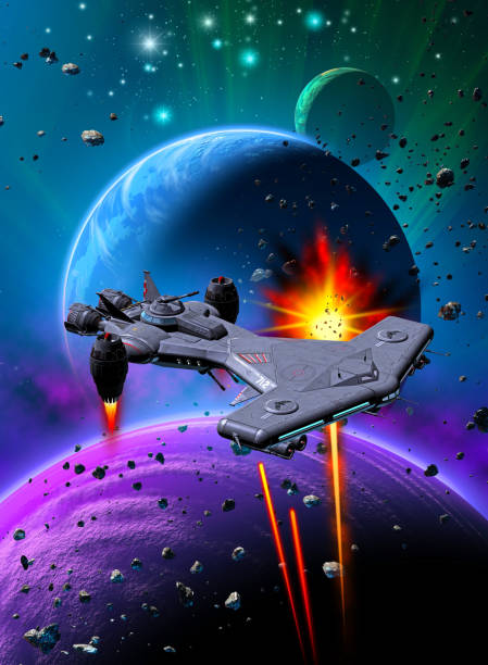istock Space battle over an alien planetary system, sky with nebula and stars, 3d illustration 1127356356