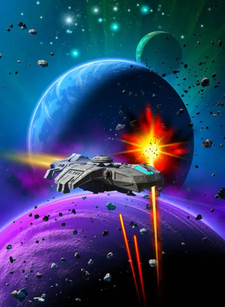 Space battle over an alien planetary system, same missiles are attacking a spaceship, in the background sky with nebula and stars, 3d illustration