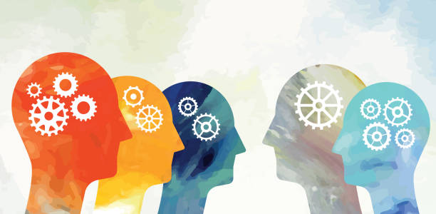 Heads With Gears Vibrant heads with gears placed on light background. Composition is made from two different vectorised acrylic painting. One used for heads and the other for background. brain cogs stock illustrations