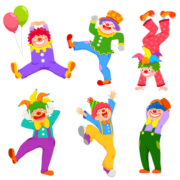 Cartoon clowns collection Set of cartoon happy clowns in different poses clown stock illustrations