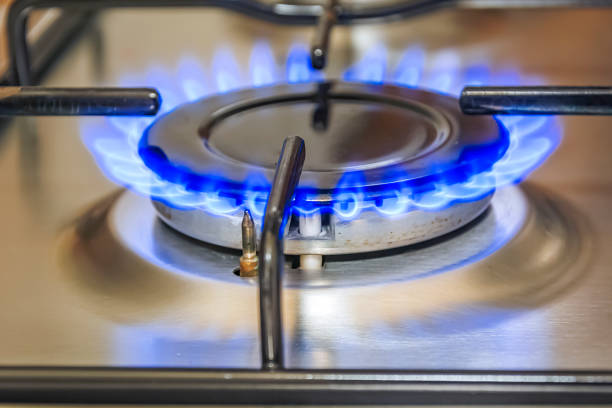 vue rapprochée d’une cuisinière cuisine avec flamme bleue - natural gas gas burner flame photos et images de collection