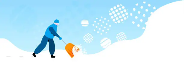 Vector illustration of Worker removing snow with shovel