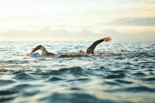 istock Determined women swimming in sea during sunset 1127359029