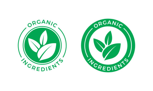 ilustrações, clipart, desenhos animados e ícones de selo de rótulo de folha verde ingredientes orgânicos. com comida vegetariana ícone vector ou natureza nutrição ingredientes, farmácia bio orgânica e natural skincare modelo de design de logotipo de pacote de produto cosmético - ingrediente