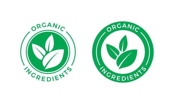 Organic ingredients green leaf label stamp. Vector icon vegan food or nature ingredients nutrition, organic bio pharmacy and natural skincare cosmetic product package logo design template Organic ingredients green leaf label stamp. Vector icon vegan food or nature ingredients nutrition, organic bio pharmacy and natural skincare cosmetic product package logo design template natural condition stock illustrations