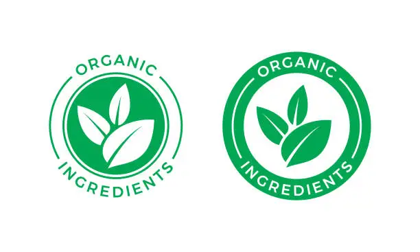 Photo of Organic ingredients green leaf label stamp. Vector icon vegan food or nature ingredients nutrition, organic bio pharmacy and natural skincare cosmetic product package logo design template