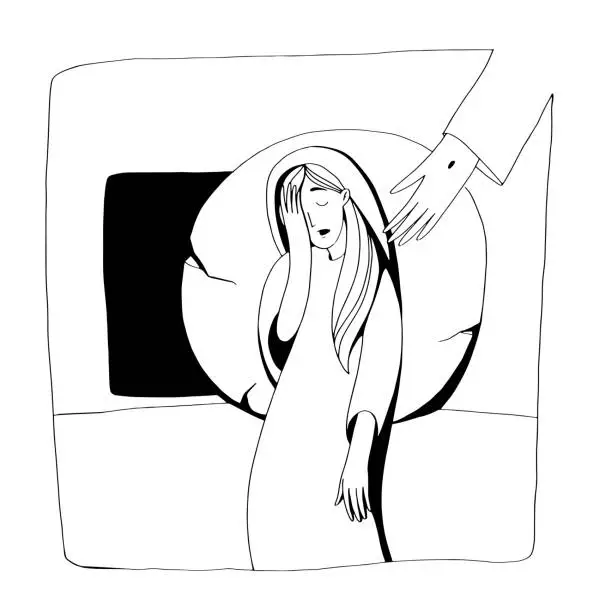 Vector illustration of Biblical Story about resurrection, Mary stand near the empty tomb and cry, but doesn't see Jesus. Vector Black and White illustration for coloring book