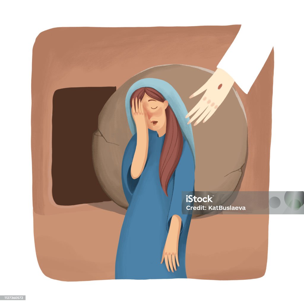 Biblical Story about resurrection, Mary stand near the empty tomb and cry, but doesn't see Jesus. Color illustration Bible stock illustration