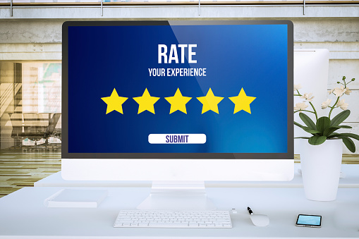 rating review screen computer at office mockup 3d rendering