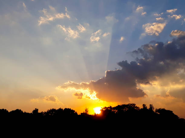 istock Silhouette of mountains dramatic sunset trees, multi colored blue sky, spiritual inspiration, eternal God. 1127362095