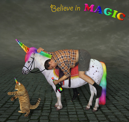 The drunk man with a bottle of bubbly is riding the unicorn. His cat is walking next to him. Believe in magic.