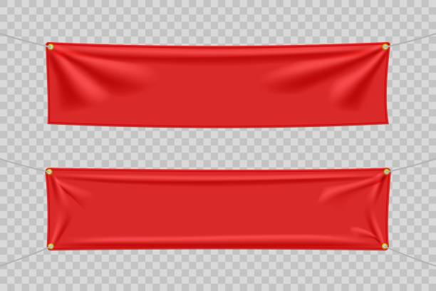 Red textile banners with folds set Red textile banners with folds set. Blank hanging fabric template set. Vector illustration red banner stock illustrations