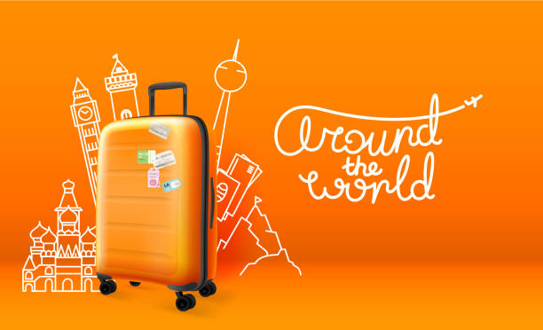 ilustraciones, imágenes clip art, dibujos animados e iconos de stock de maleta plástica con siluetas de cosas de viajes diferentes - turismo vacaciones