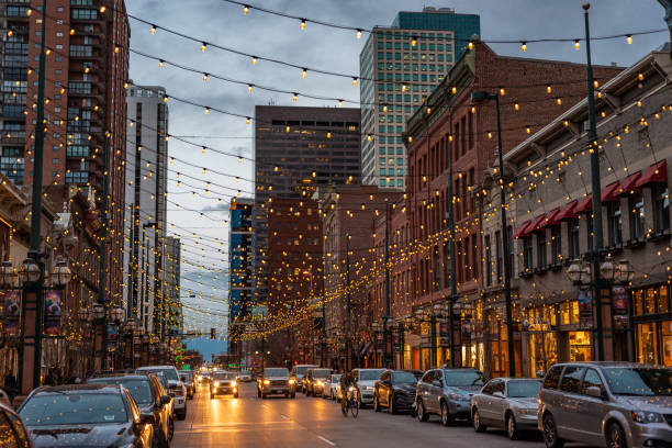 Larimer street Denver Larimer street is a tourism highlight and worth a visit during the night time. the street lights are beautiful and some restaurants are around. denver stock pictures, royalty-free photos & images