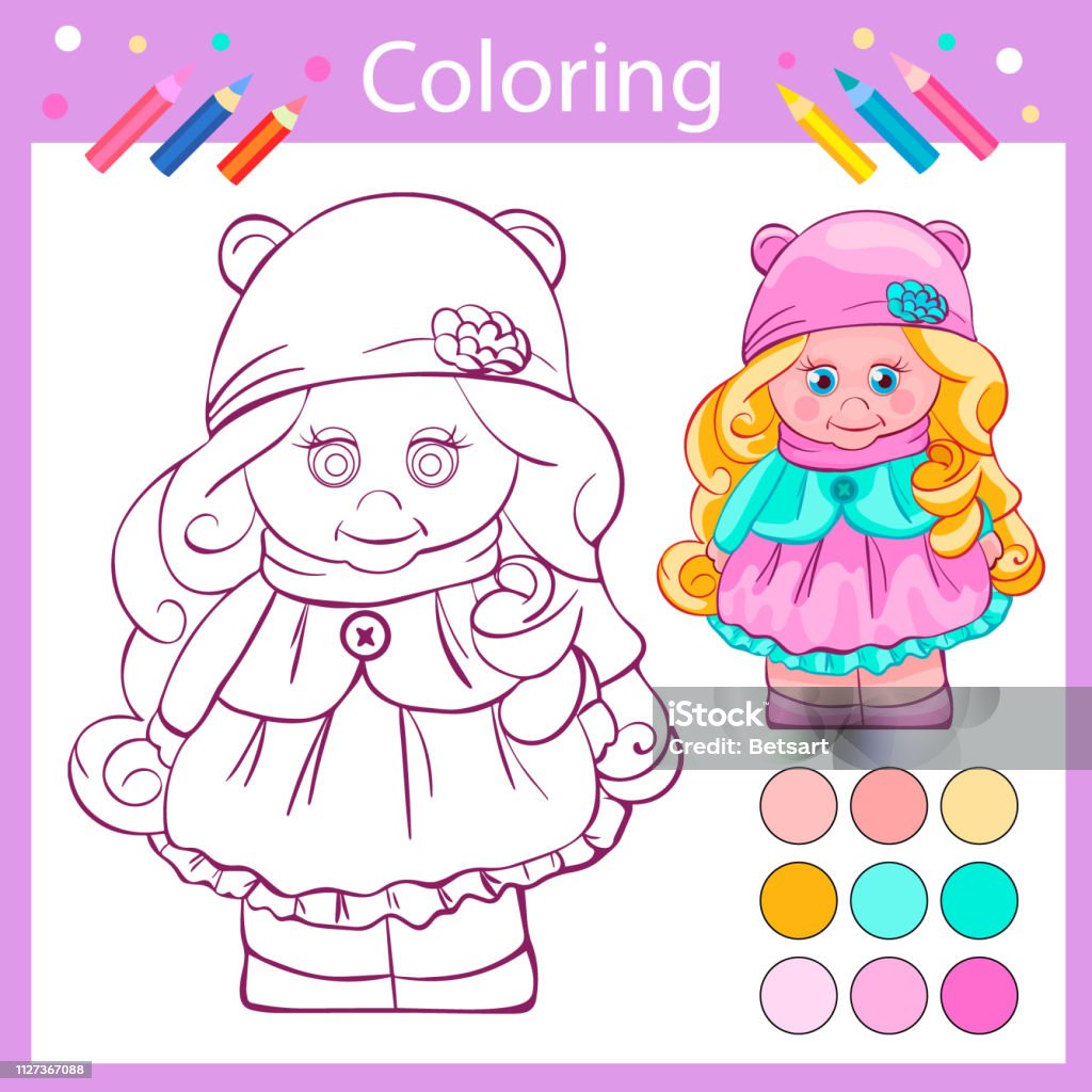 Children Coloring with funny cartoon cute girl. Kids game. Entertainment for children. Drawing contour for coloring. Linear image funny doll. Activity page. Vector illustration. Children coloring cartoon Activity stock vector