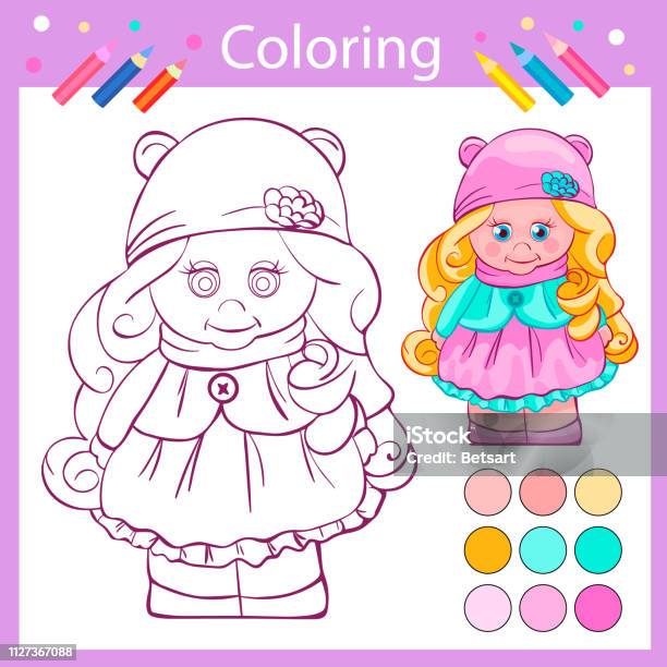 Children Coloring With Funny Cartoon Cute Girl Kids Game Entertainment For Children Drawing Contour For Coloring Linear Image Funny Doll Activity Page Vector Illustration Stock Illustration - Download Image Now