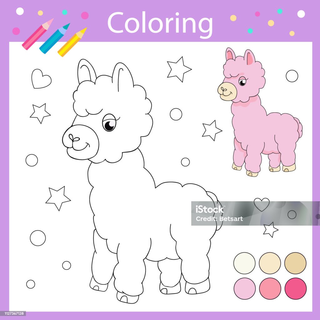 Tutorial worksheets with drawn cute llama. Coloring page with cartoon funny lama. Children funny picture riddle. Drawing lesson for kids. Activity art game for book. Vector illustration Children coloring cartoon Activity stock vector