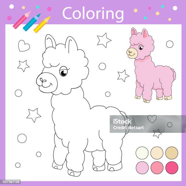 Tutorial Worksheets With Drawn Cute Llama Coloring Page With Cartoon Funny Lama Children Funny Picture Riddle Drawing Lesson For Kids Activity Art Game For Book Vector Illustration Stock Illustration - Download Image Now