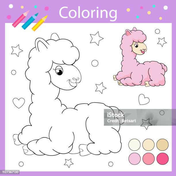 Coloring Worksheets With Drawn Llama Children Funny Picture Riddle Coloring Page For Kids Drawing Lesson Activity Art Game For Book Vector Illustration Stock Illustration - Download Image Now