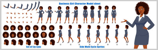 illustrazioni stock, clip art, cartoni animati e icone di tendenza di foglio modello di personaggio donna d'affari con sprite di animazione ciclo camminata e sincronizzazione labiale - playback
