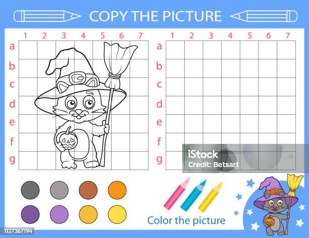 Tutorial Drawing Cute Witch Cat Halloween Coloring With Drawing Lesson Repaint The Picture Using Grid Lines Copy The Picture For Children Kids Drawing Art Game Vector Activity Page For Book Stock Illustration - Download Image Now