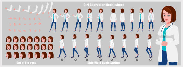 Female doctor character model sheet with walk cycle animation sprite and lip syncing vector art illustration