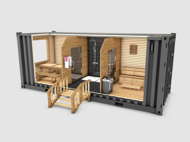 istock Converted old shipping container into sauna, 3d Illustration isolated gray 1127367443
