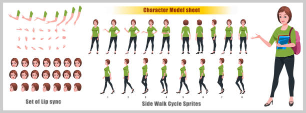 Girl student character model sheet with walk cycle animation sprite and lip syncing vector art illustration