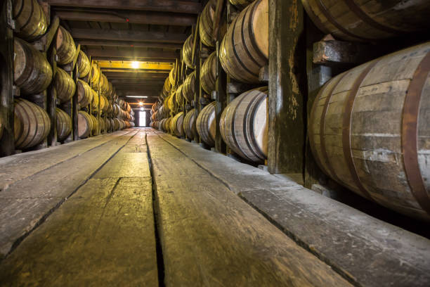 barriles de whiskey bourbon - whisky barrel distillery hard liquor fotografías e imágenes de stock