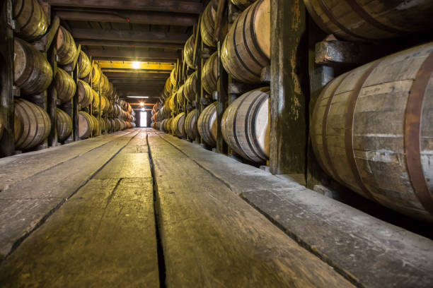Barrels of Bourbon Whiskey Barrels of Bourbon Whiskey in an aging cellar bourbon whiskey photos stock pictures, royalty-free photos & images