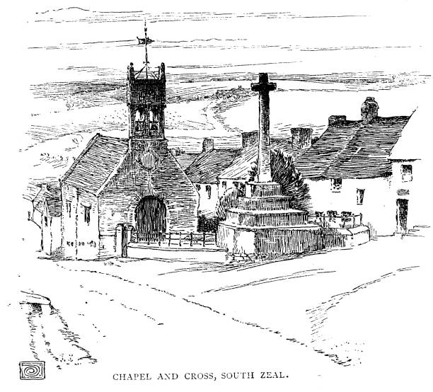 Victorian black and white engraving of the chapel and cross of South Zeal, Dartmoor, Devon,England; , horses, staff, carriages and transport ; English Illustrated 1892 Taken from the the English Illustrated Magazine 1892 chapel illustrations stock illustrations