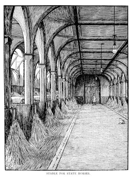 ilustrações de stock, clip art, desenhos animados e ícones de victorian black and white engraving of queen victoria's royal stables for state horses; artist thomas riley; 19th century royal mews, horses, staff, carriages and transport ; english illustrated 1892 - horse stall stable horse barn