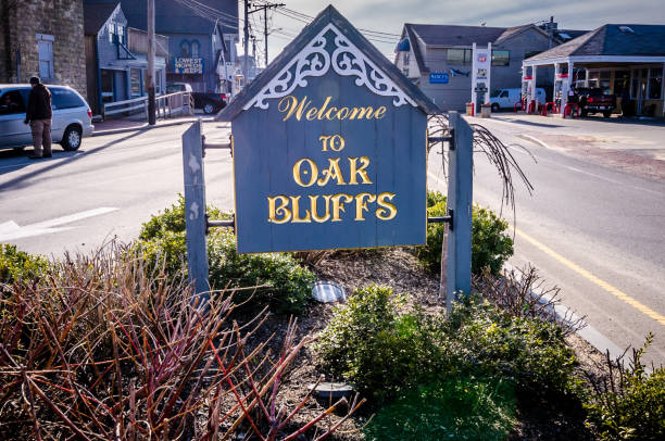 Sign welcoming visitors to Oak Bluffs Massachusetts on Martha's Vineyard stock photo