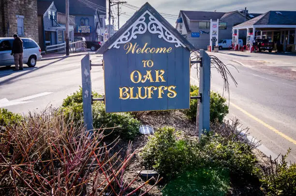 Oak Bluffs, Massachusetts - April 3, 2018: Sign welcoming visitors to Oak Bluffs Massachusetts on Martha's Vineyard. This is a small town on the island