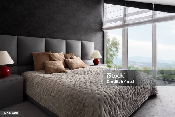 Fancy Bedroom With Window Wall Stock Photo - Download Image Now - Bedroom, Black Color, Side Table
