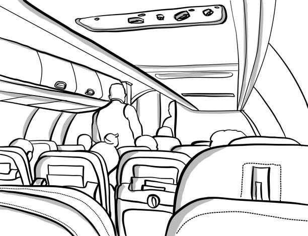 Aboard The Plane Vacation Commercial airplane interior with passengers airplane seat stock illustrations