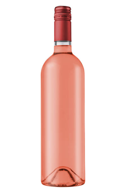 rose wine bottle with red screw cap on white background stock photo