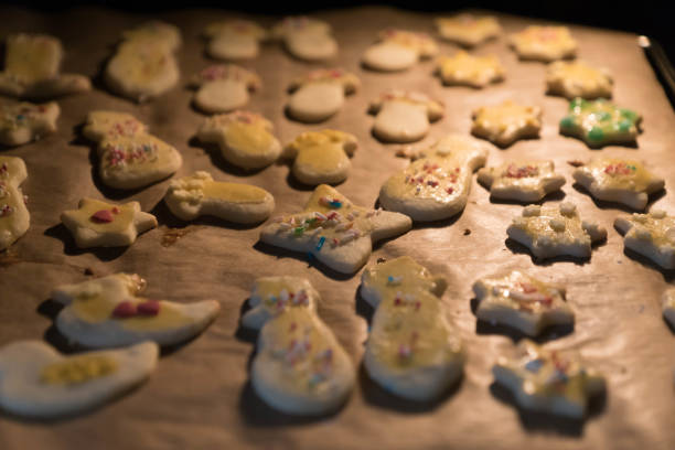 Baking tray with delicious oatmeal cookies in oven