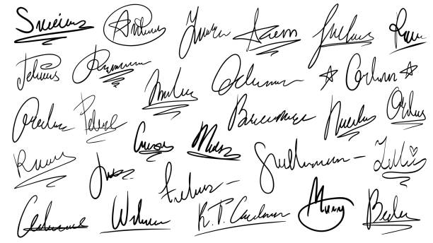 ilustrações de stock, clip art, desenhos animados e ícones de handwritten signature. manual signatures, manuscript sign for documents and hand drawn autograph lettering isolated vector set - signature