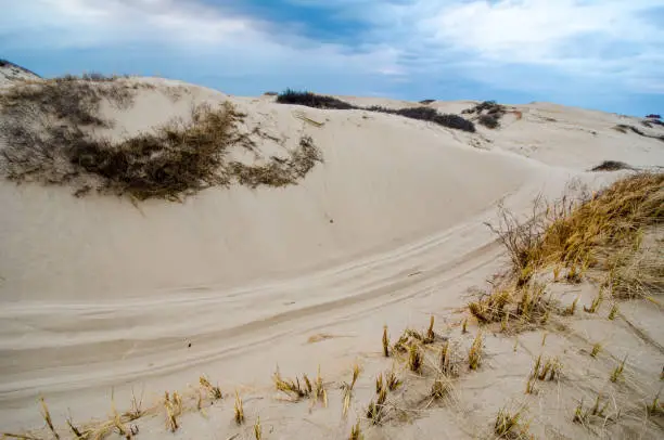 Sand dunes and drifts along Cape Cod National Seashore on an overcast cloudy day