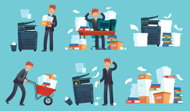 Office documents copier. Printed business papers, businessman broke printer and documents copy machine cartoon vector illustration Office documents copier. Printed business papers, businessman broke printer and documents copy machine. Messy paper, paperwork document stack. Cartoon vector isolated icons illustration set stack of papers stock illustrations