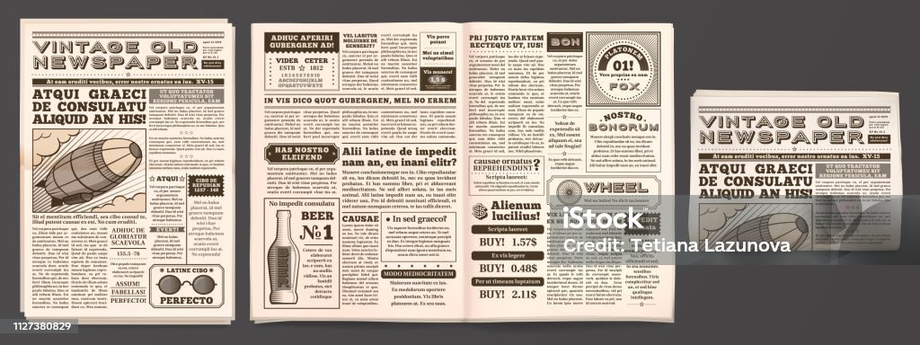 Vintage newspaper mockup. Retro newsprint pages, tabloid magazine and old news isolated 3D vector template Vintage newspaper mockup. Retro newsprint pages, tabloid magazine and old news. Newspaper or journal, journalistic reportage brochure isolated 3D vector template Newspaper stock vector