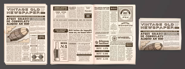 Vintage newspaper mockup. Retro newsprint pages, tabloid magazine and old news isolated 3D vector template Vintage newspaper mockup. Retro newsprint pages, tabloid magazine and old news. Newspaper or journal, journalistic reportage brochure isolated 3D vector template old newspaper stock illustrations