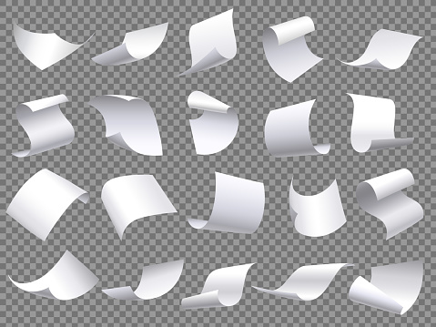 Flying paper pages. Falling papers documents sheets, document with curved corner and fly page sheet. Office file sheets pages. 3D realistic paperwork isolated vector objects set