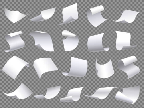 Flying paper pages. Falling papers documents sheets, document with curved corner and fly page sheet isolated vector objects set Flying paper pages. Falling papers documents sheets, document with curved corner and fly page sheet. Office file sheets pages. 3D realistic paperwork isolated vector objects set flying stock illustrations