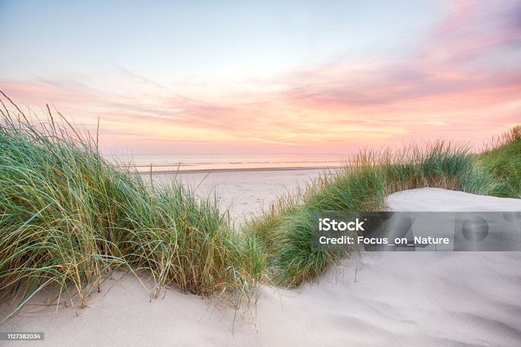 Sunset over a very tranquil beach Sunset over a very tranquil beach in Egmond aan Zee, the Netherlands. Sand Dune Stock Photo