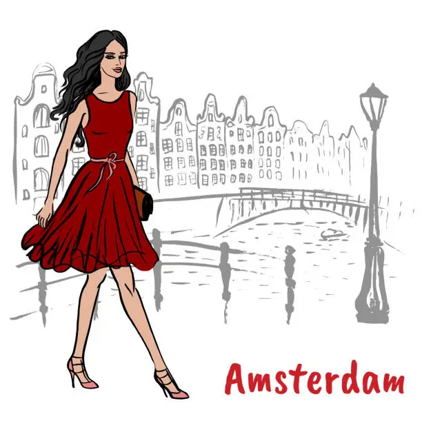 Vector illustration of woman in Amsterdam