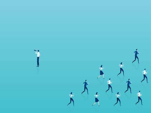istock Visionary concept. Vector of an outsider businessman looking in opposite to crowd direction 1127382111